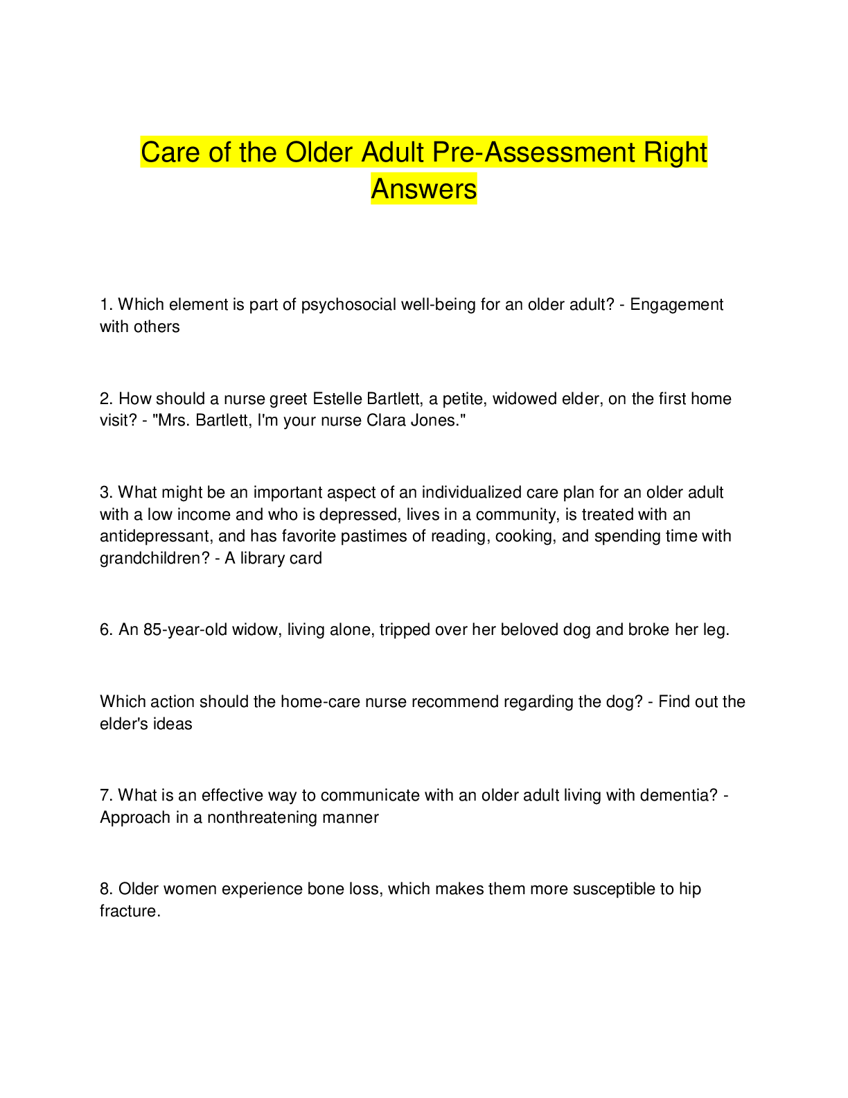 Preview image for Care of the Older Adult Pre-Assessment Right  Answers